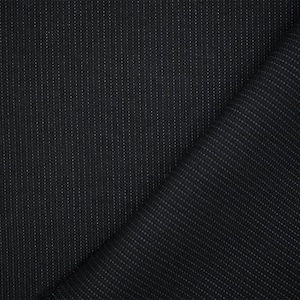 May include: Close-up of a dark gray fabric with a subtle pinstripe pattern. The fabric is folded, revealing the texture and weave of the material. The pinstripes are vertical and evenly spaced, creating a tailored appearance. The fabric appears to be a medium weight, suitable for clothing or upholstery.