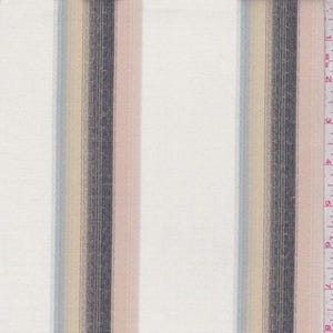 May include: Fabric with vertical stripes in cream, light blue, tan, dark gray, and pale pink. The stripes are of varying widths, creating a textured appearance. A ruler is visible along the right edge, marked in inches.