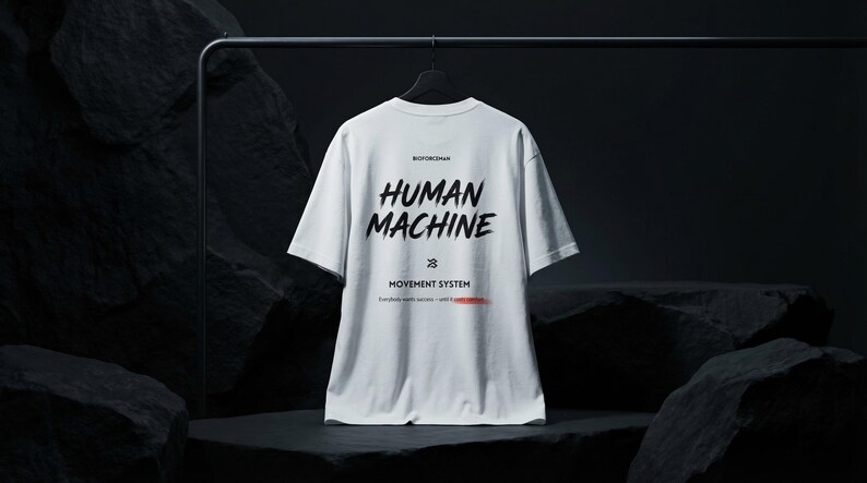 K&ouml;nnte beinhalten: Wei&szlig;es T-Shirt mit den Worten "HUMAN MACHINE" in gro&szlig;en, schwarzen Buchstaben im Pinselstil. Darunter der Text "MOVEMENT SYSTEM" und eine rote Linie. Das Shirt h&auml;ngt an einem schwarzen Kleiderb&uuml;gel vor dunklem Hintergrund.
