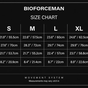 K&ouml;nnte beinhalten: Eine schwarze Gr&ouml;&szlig;entabelle f&uuml;r Bioforceman-Kleidung mit Ma&szlig;en in Zoll und Zentimetern. Die Tabelle enth&auml;lt Brust-, L&auml;ngen-, Schulter- und &Auml;rmell&auml;ngenma&szlig;e f&uuml;r die Gr&ouml;&szlig;en S, M, L, XL und XXL. Der Text "Movement System" steht unten.