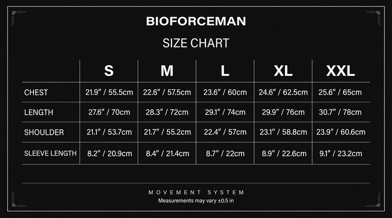 K&ouml;nnte beinhalten: Eine schwarze Gr&ouml;&szlig;entabelle f&uuml;r Bioforceman-Kleidung mit Ma&szlig;en in Zoll und Zentimetern. Die Tabelle enth&auml;lt Brust-, L&auml;ngen-, Schulter- und &Auml;rmell&auml;ngenma&szlig;e f&uuml;r die Gr&ouml;&szlig;en S, M, L, XL und XXL. Der Text "Movement System" steht unten.