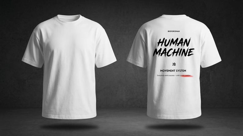 K&ouml;nnte beinhalten: Wei&szlig;es T-Shirt mit dem Text "HUMAN MACHINE" in schwarzer Pinsel-Schrift auf dem R&uuml;cken. Das Shirt hat auch den Text "MOVEMENT SYSTEM" und "Everybody wants success - until it's time to work" in kleinerer Schrift. Die Vorderseite des Shirts ist schlicht.
