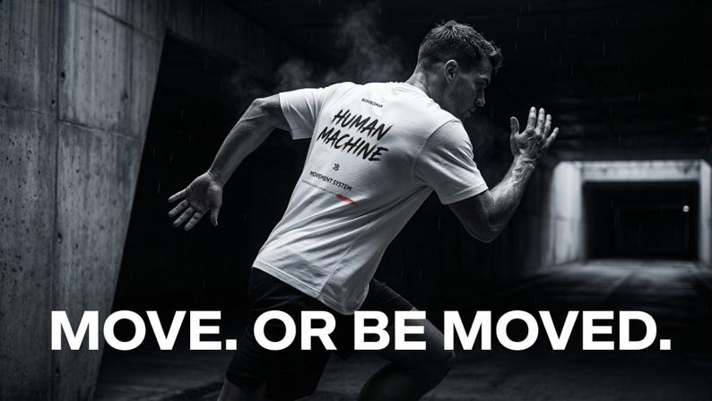 K&ouml;nnte beinhalten: Schwarz-Wei&szlig;-Bild einer Person, die durch einen dunklen Tunnel rennt. Die Person tr&auml;gt ein wei&szlig;es T-Shirt mit den Aufdrucken "HUMAN MACHINE" und "MOVEMENT SYSTEM" auf dem R&uuml;cken. Der Satz "MOVE. OR BE MOVED." steht unten.