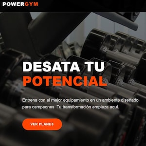 Peut inclure: Intérieur d'une salle de sport avec des rangées d'haltères et une personne en train de s'entraîner. Le texte "DESATA TU POTENCIAL" est affiché en blanc et orange. Le nom de la salle de sport, "POWERGYM", est en haut à gauche.