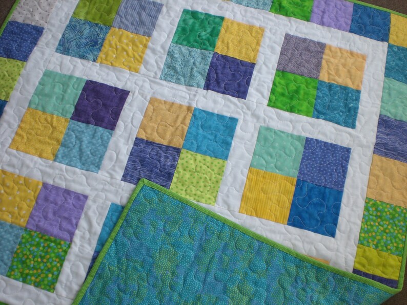 Baby boy quilt in blue, green and yellow image 3