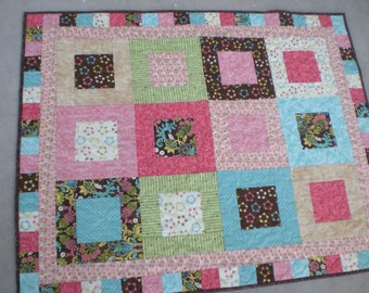 Modern baby quilt,, pink, turquoise and brown quilt