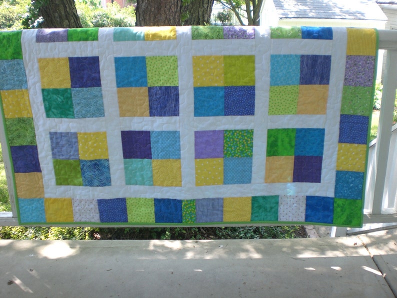 Baby boy quilt in blue, green and yellow image 1