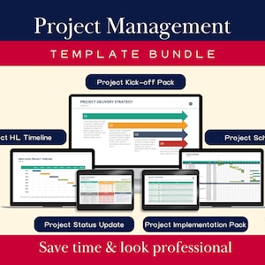 May include: A digital graphic presenting a project management template bundle. The image features multiple digital devices, such as laptops and tablets, each displaying different project management tools. Text includes "Project Management Template Bundle" and "Save time & look professional."