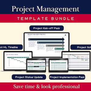 May include: A digital graphic presenting a project management template bundle. The image features multiple digital screens, such as laptops and tablets, displaying project-related information. Text includes "Project Management Template Bundle" and "Save time & look professional."