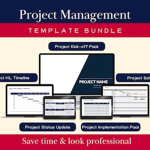 May include: A digital graphic showcasing a project management template bundle. The image displays various digital devices, including laptops and tablets, with project management templates. Text includes "Project Management Template Bundle" and "Save time & look professional."