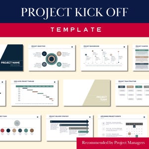 May include: A collection of presentation slides with the text "PROJECT KICK OFF" and "TEMPLATE" at the top. The slides cover topics like project objectives, background, charter, and team structure. The bottom of the image reads "Recommended by Project Managers."
