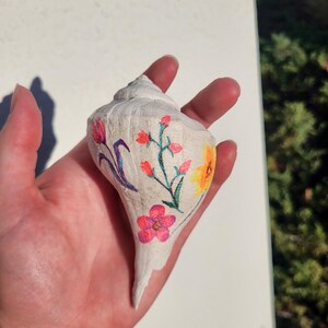 Floral Decoupaged Fossil Whelk Shell from Florida, 2 million years old