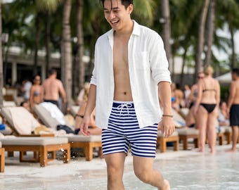 Navy White Striped Swim Shorts