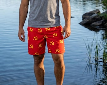 Hammer and Sickle Pattern Board Shorts | Red Soviet Symbol All-Over Print