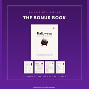 Könnte beinhalten: Ein digitales Halloween-Rezept- und Party-Ideenbuch-Set mit einem Hauptcover, das eine Kessel-Illustration und den Text THE BONUS BOOK zeigt, begleitet von vier kleineren Seitenvorschauen auf violettem Grund mit 23 Seiten.