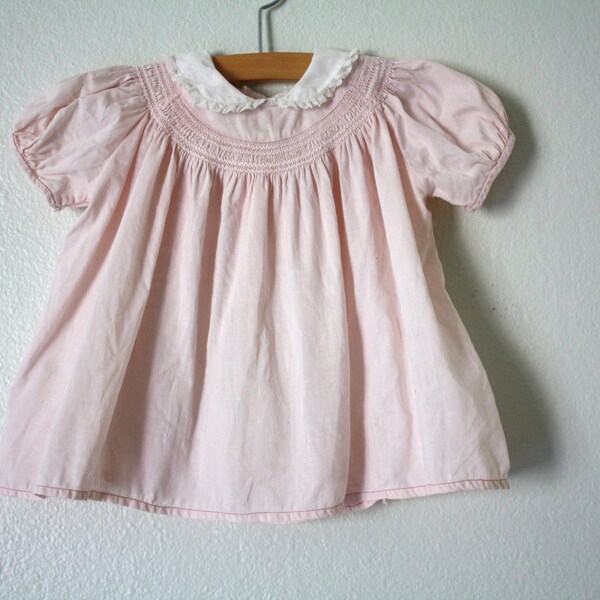 Vintage 1940's Pink Smocked Baby Dress, Size 12 Months