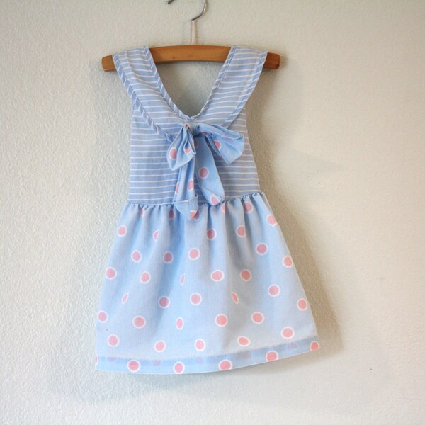 Nautical Light Blue and Pink Polka-Dot Dress, Pinafore, Size 2-3T Toddler