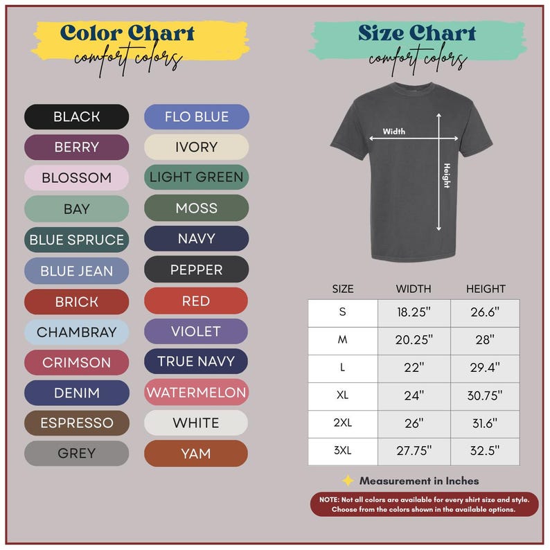 Op de afbeelding: Een kleurenkaart en maattabel voor t-shirts. De kleurenkaart toont verschillende kleuren zoals zwart, bes en karmozijn. De maattabel toont afmetingen in inches voor breedte en hoogte, van maat S tot 3XL. De tekst "comfort colors" is aanwezig.