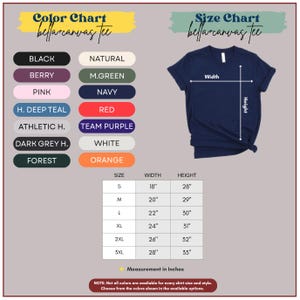 May include: A navy blue t-shirt with a size chart and color options. The color chart includes black, berry, pink, deep teal, athletic heather, dark grey heather, forest, natural, m.green, navy, red, team purple, white, and orange. The size chart shows measurements in inches.