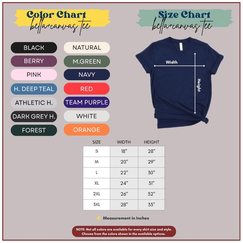 May include: A navy blue t-shirt with a size chart and color options. The color chart includes black, berry, pink, deep teal, athletic heather, dark grey heather, forest, natural, m.green, navy, red, team purple, white, and orange. The size chart shows measurements in inches.