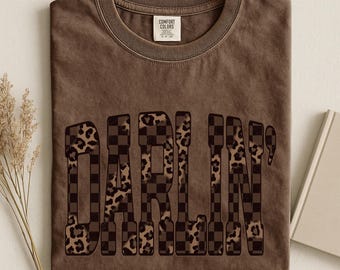 Leopard Darlin Western Shirt, Checkered Cowgirl Tee, Southern Style Country Gift, Cowboy Quote Shirt, Comfort Colors Leopard Tee