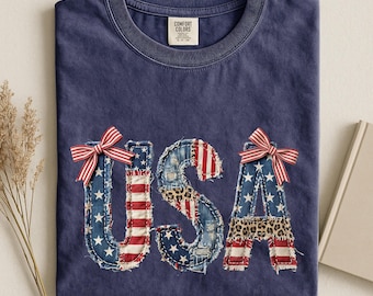 Comfort Colors® Faux Patchwork USA 4th of July Shirt, Patriotic American Flag Tee, Retro Patchwork Patriotic Shirt, Independence Day Tee