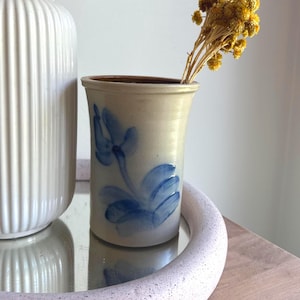 Salt-glazed stoneware - Blue Cobalt Crock - Vintage Quebecois Pottery by BFH Artist - Rustic farmhouse utensil pot or vase