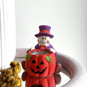Petit pot Citrouille Halloween Vintage en Résine - Porte-Bougie Bonhomme Chapeau Haut forme - Cache-pot - 1990s Spooky halloween vintage
