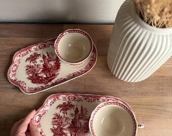 Juego de aperitivos veneciano vintage - Juego de taza y bandeja para té y tostadas - Rojo loza/rosa Inglaterra - Estilo victoriano shabby chic