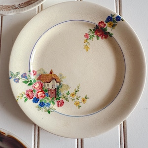 Vintage H&K Tunstall Midwinter, A Bit of Old England, Plate, Hampton Ivory Burslem English Cottage Thatch House, Floral Cottagecore Tablewar
