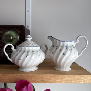 Peut inclure: Un ensemble de pot à crème et sucrier en céramique blanche avec un motif floral. Le pot à crème a une anse et un bec verseur, tandis que le sucrier a un couvercle. Les deux pièces ont un design en spirale et sont décorées de petites fleurs bleues et roses.