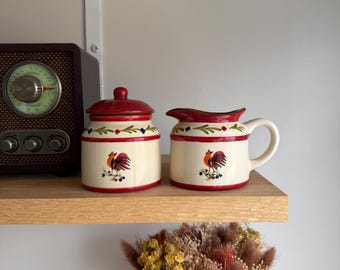 Juego de azucarero y lechera Avon vintage - Colección Gallo Campestre - Cerámica pintada a mano - Decoración rústica retro de estilo campestre