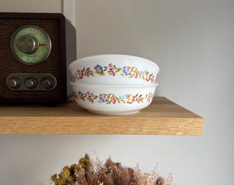 Arcopal France Vintage Soup Bowl Set, "Delhi" Floral Pattern, White Opaline Glass, Retro French Tableware 1970s - cottagecore