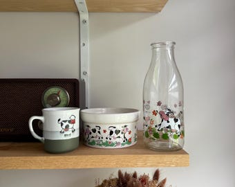 Lot Vaisselle Vintage Vache Le Parfait | Bouteille de Lait Verre, Bol Céramique et Mug Moo | Décoration Cuisine Campagne Farmhouse Rétro