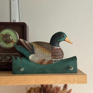 Peut inclure: Une figurine de canard colvert en bois peint à la main, montée sur une base verte avec deux petites chevilles. Le canard présente une tête vert foncé, un bec jaune et un plumage brun, blanc et sarcelle. La base est un bloc vert massif.