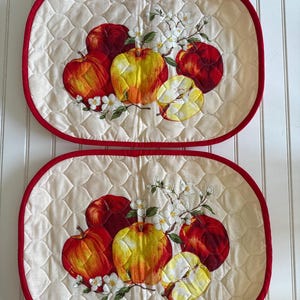 Set van 6 vintage placemats met gewatteerd appelpatroon - ovale stoffen placemats, jaren 80-stijl - rustieke boerderijstijl herfsttafeldecoratie