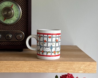 Vintage Espresso Cup with Country Geese Design, Red Hearts and Trellis Pattern, 1980s Cottagecore Style, Retro Kitchen Decor Collection