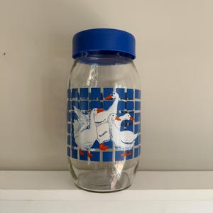 Könnte beinhalten: Ein Vorratsglas aus klarem Glas mit einem soliden blauen Kunststoffdeckel. Das Glas zeigt einen grafischen Druck von drei weißen Gänsen mit orangefarbenen Schnäbeln und Füßen vor einem Hintergrund aus blauen Quadraten. Das Glas ist zylindrisch.