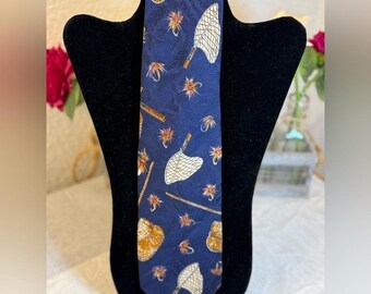 Robert Talbott Paul Richards XL Silk Tie Navy Blue Vintage Fly Fishing 3.75x60