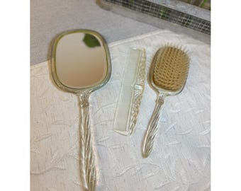 Vtg 3pc Yellow Guilloche Lucite Vanity Set Hollywood Regency Mirror Brush Comb