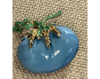Vintage Puccini Blue Enamel Tomato Brooch Pin 1970s Signed Figural