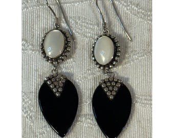 Vintage 825 Silver Likely Mother of Pearl Black Onyx Dangle Earrings 1990's