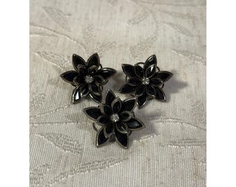 Set of 3 Black Stone / Rhinestone 3D Flower Lapel Pins Brooches 1 1/4" ea.