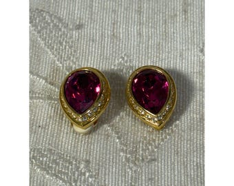 Vintage Swarovski Gold Tone Magenta Crystal Rhinestone Clip-On Earrings