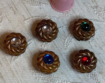 Set 5 Vintage Gold Tone Rope Edge Button Covers Multi Color Glass Cabochon