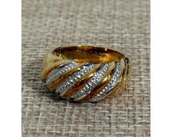 Vintage 14KT GE Two-Tone Swirl Pavé Crystal Dome Shrimp Band Ring Size 6.75