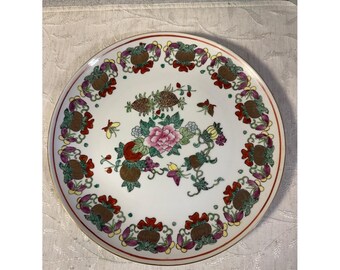 Vintage Japanese Porcelain Hong Kong Decorated Floral 10.25" Plate Gold Trim