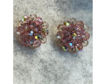 Sparkly Pink Crystal Cluster Clip-On Earrings, Vintage Romantic Style 1950's