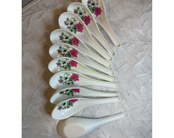 10 pc Vintage Floral Asian Soup Spoons Melamine Plastic Chinese Won Ton JIAYE