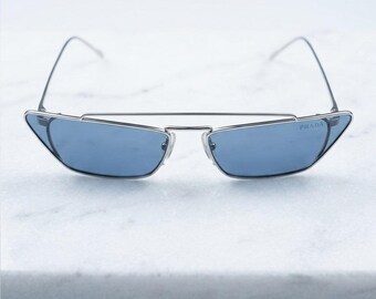 Vintage Prada Y2K Narrow Blue Cat-Eye Sunglasses Silver Frame Certified SPR64U